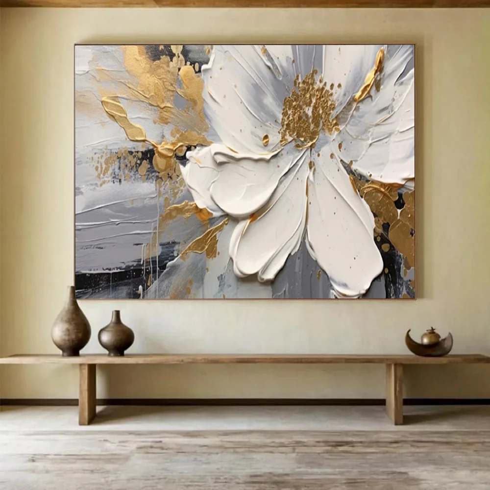White Handmade Hand-painted Gray Gold Accents Abstract Wall Art 54KQN